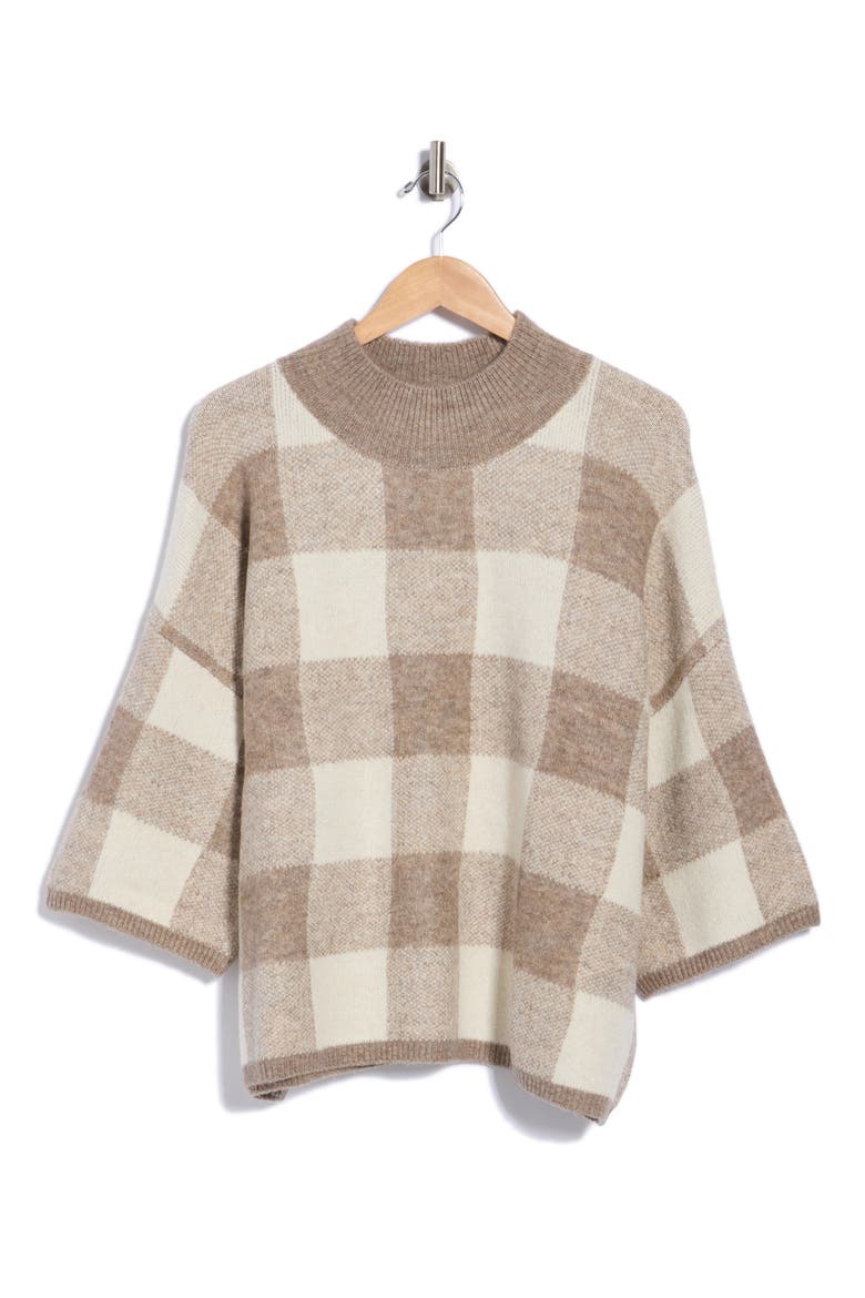 Boxy Mock Neck Sweater, Main, color, HEATHER TAUPE / IVORY PLAID