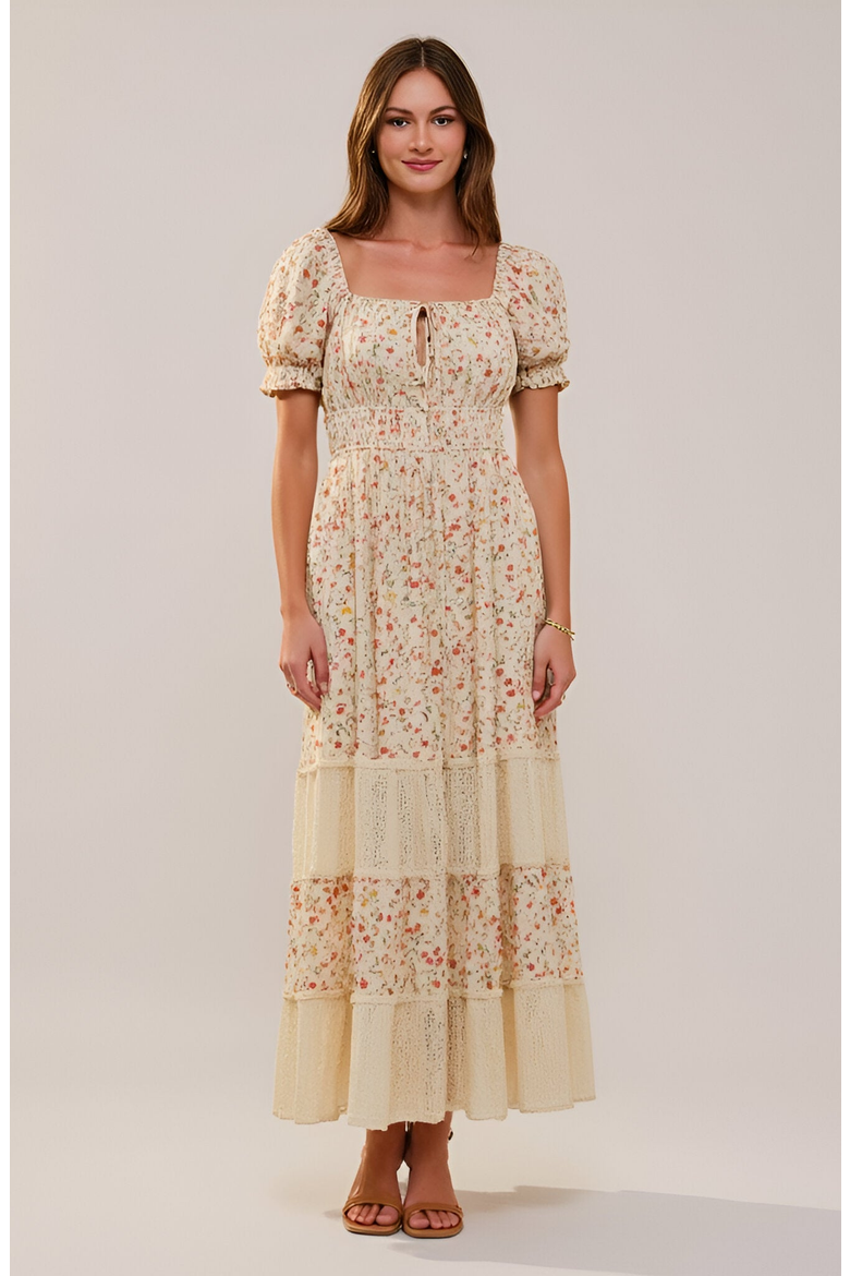 Floral Maxi Dress with Puff Sleeves Smocked Waist and Tiered Skirt, Main, color, Floral