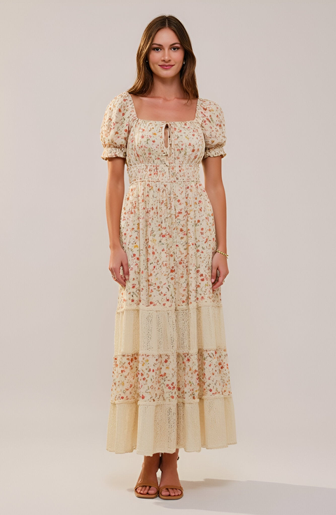 Floral Maxi Dress with Puff Sleeves Smocked Waist and Tiered Skirt