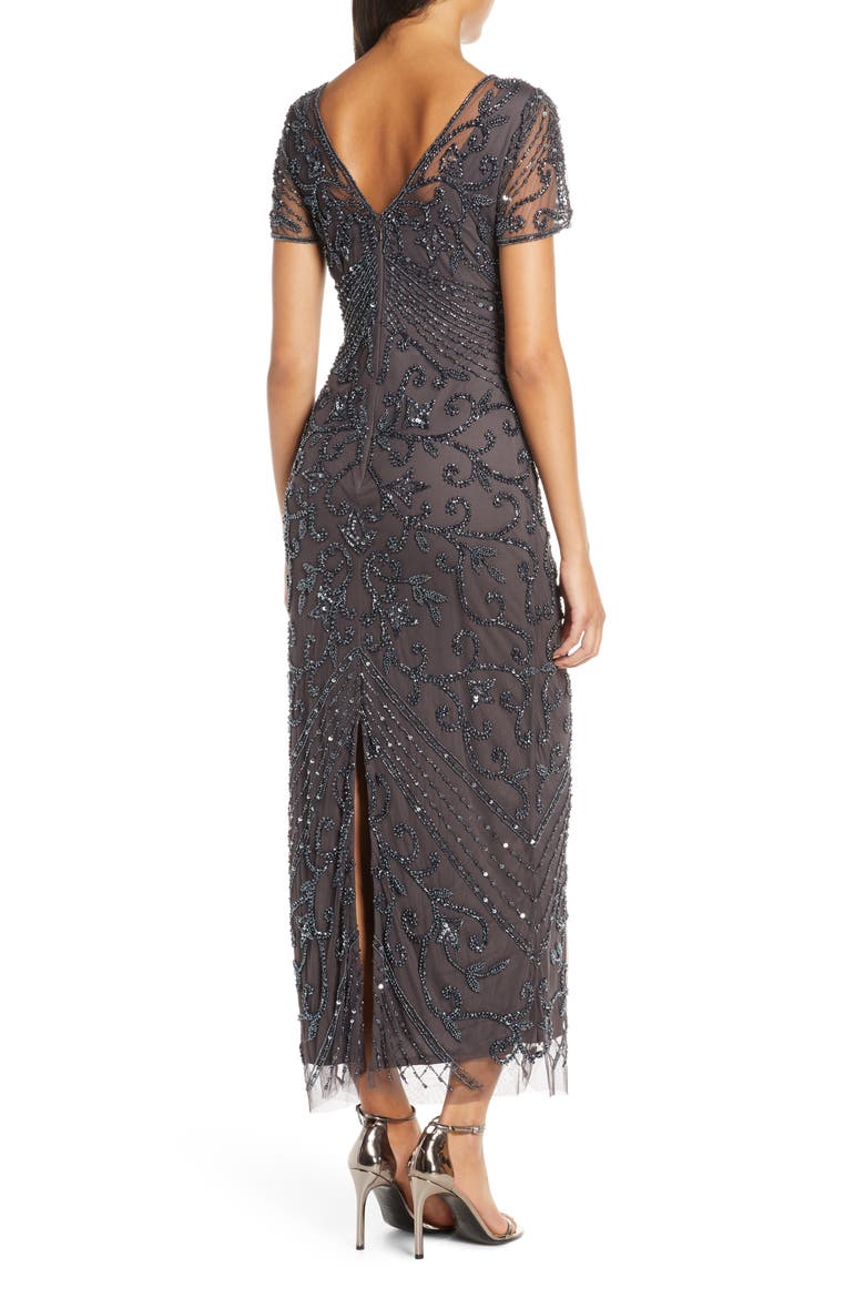 Beaded Mesh Column Gown, Alternate, color, SLATE