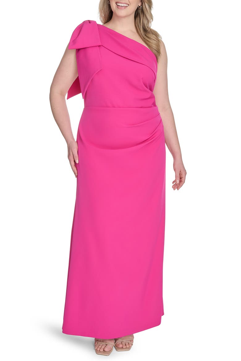 Bow Detail One-Shoulder Gown, Main, color, MAGENTA