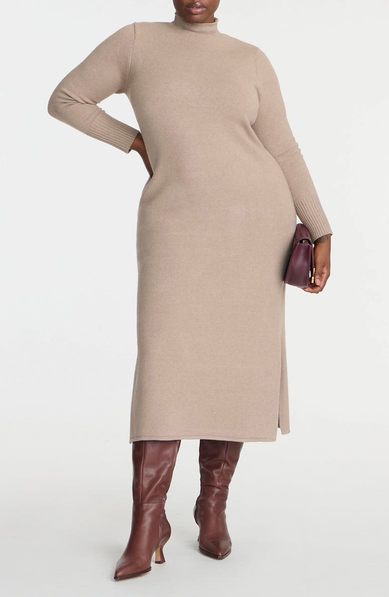 ELOQUII Mock Neck Long Sleeve Maxi Sweater Dress, Main, color, Taupe
