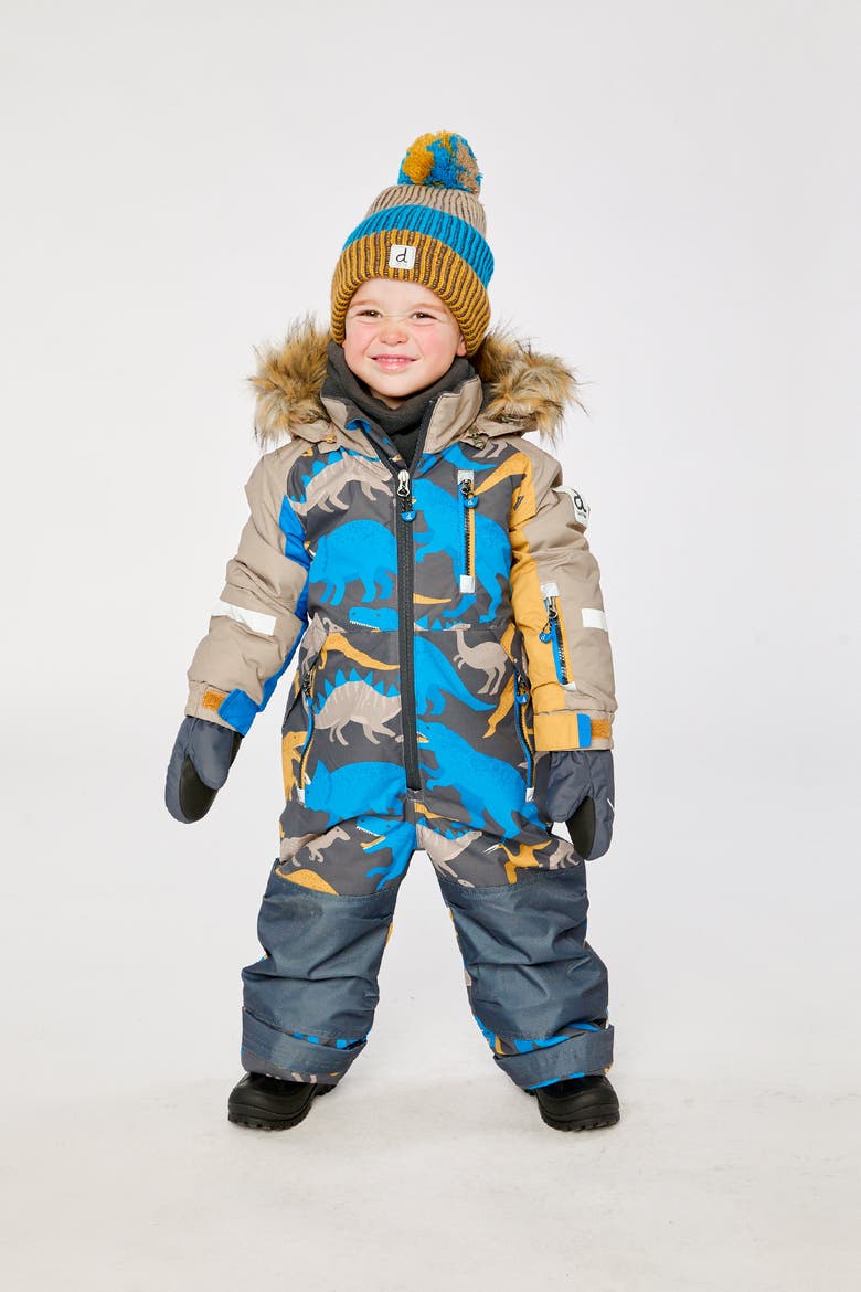 Play Dinosaur Faux Fur Hood Fleece Neckwarmer One Piece Snowsuit, Alternate, color, Grey and Blue Dinosaur Print