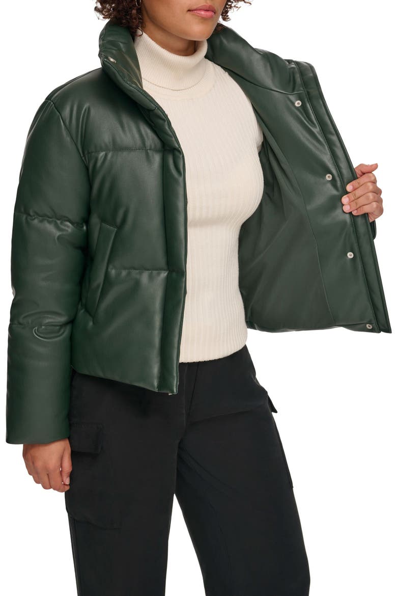 Water Resistant Faux Leather Puffer Jacket, Alternate, color, DARKEST SPRUCE