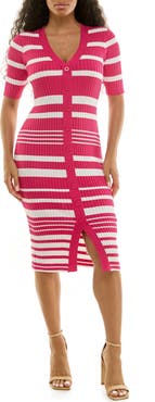 Nina Leonard V-Neck Elbow-Length Sleeve Rib Dress