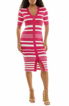 Nina Leonard V-Neck Elbow-Length Sleeve Rib Dress