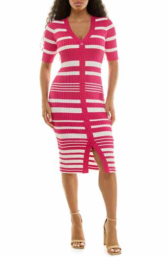 Nina Leonard V-Neck Elbow-Length Sleeve Rib Dress