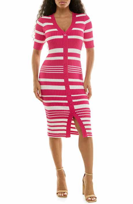 Nina Leonard V-Neck Elbow-Length Sleeve Rib Dress
