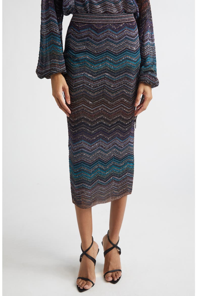 Zigzag Lamé Midi Skirt, Main, color, DARK BLUE TONES