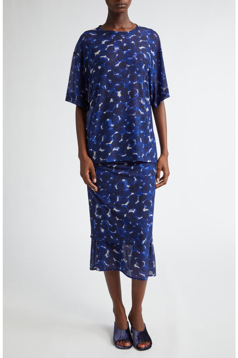 Homoa Abstract Dot Print Layered Mesh Midi Skirt, Alternate, color, BLUE