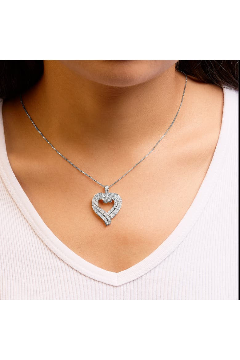 Silver 1.00 Cttw Baguette Diamond Composite Open Heart Pendant Necklace, Alternate, color, White