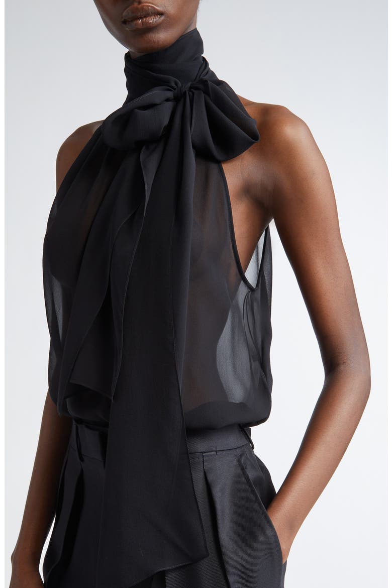 Silk Georgette Tie Neck Top, Alternate, color, BLACK