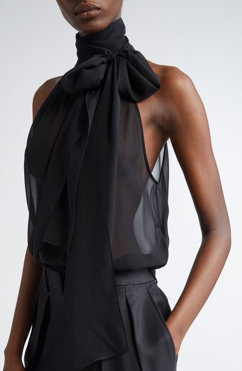 TOM FORD Silk Georgette Tie Neck Top, Alternate, color, Black