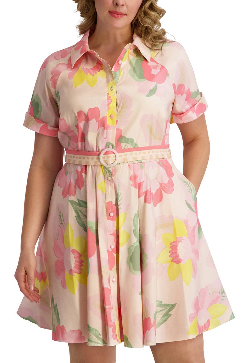 Floral Short Sleeve Taffeta Fit & Flare Shirtdress, Alternate, color, BLUSH MULTI