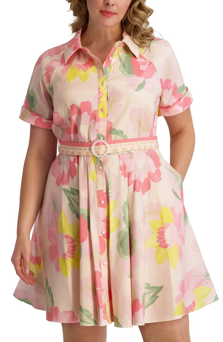 Kensie Floral Short Sleeve Taffeta Fit & Flare Shirtdress, Alternate, color, Blush Multi