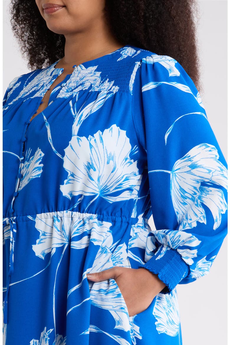 Amanlia Floral Keila Long Sleeve Smocked Yoke Midi Dress, Alternate, color, BLUE-WHITE