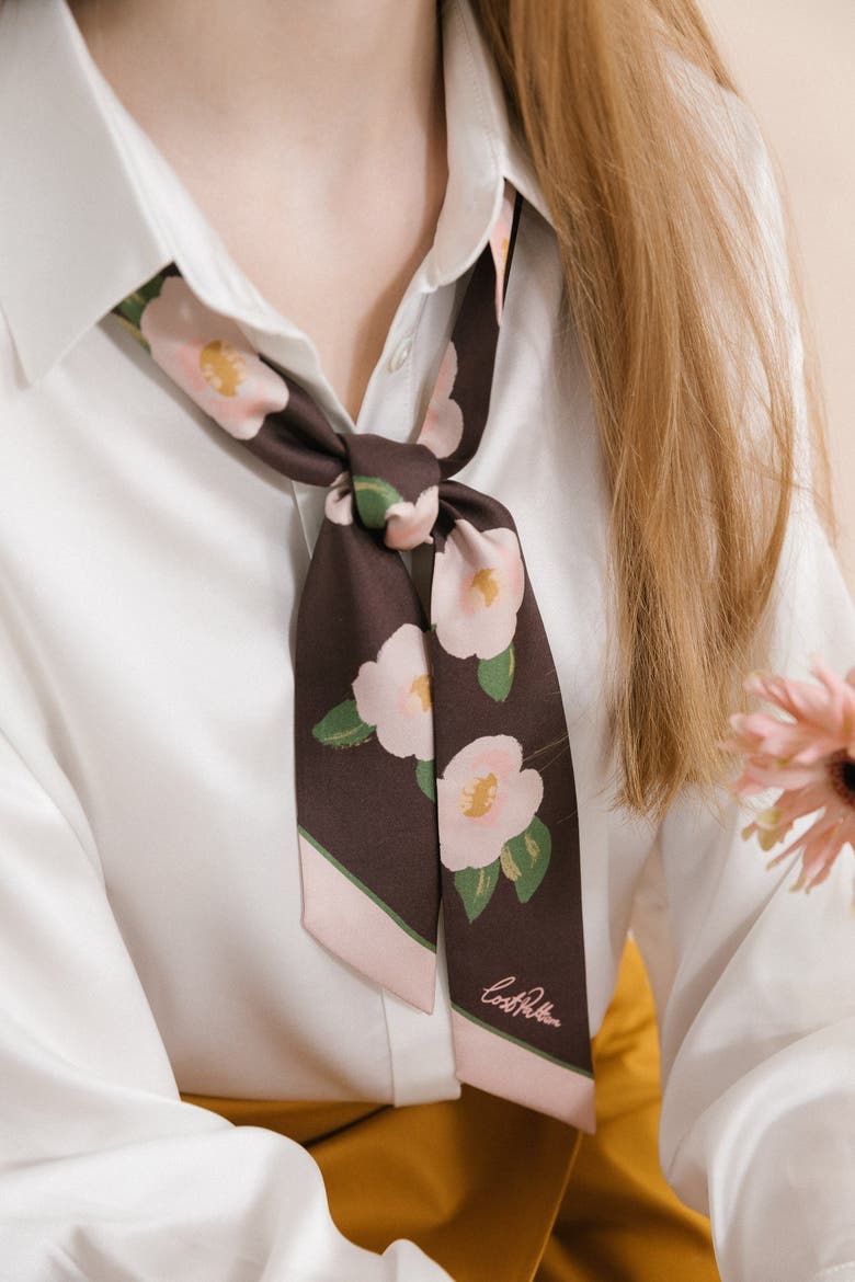 "Camellia" Silk Twill Skinny Scarf, Alternate, color, Dark Brown