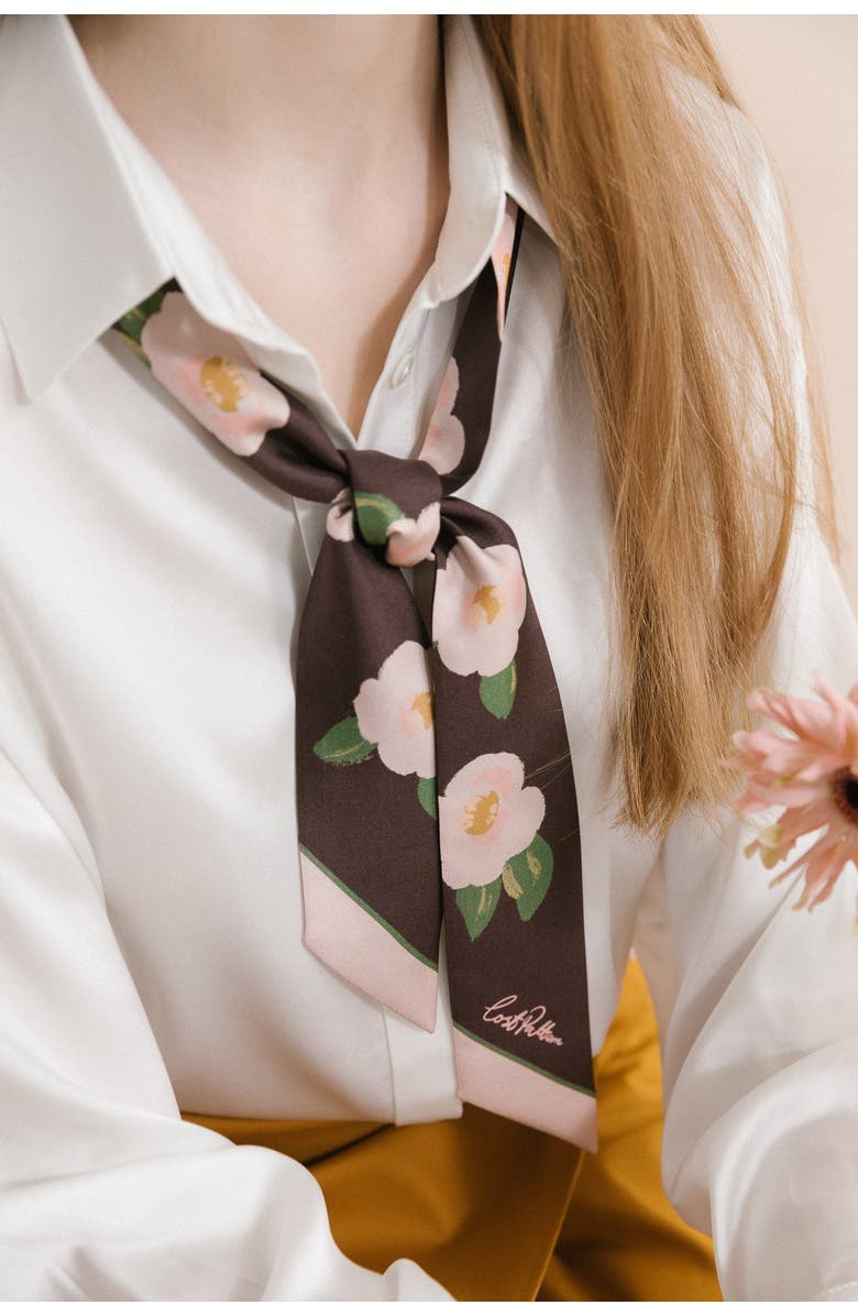 Lost Pattern "Camellia" Silk Twill Skinny Scarf, Alternate, color, Dark Brown