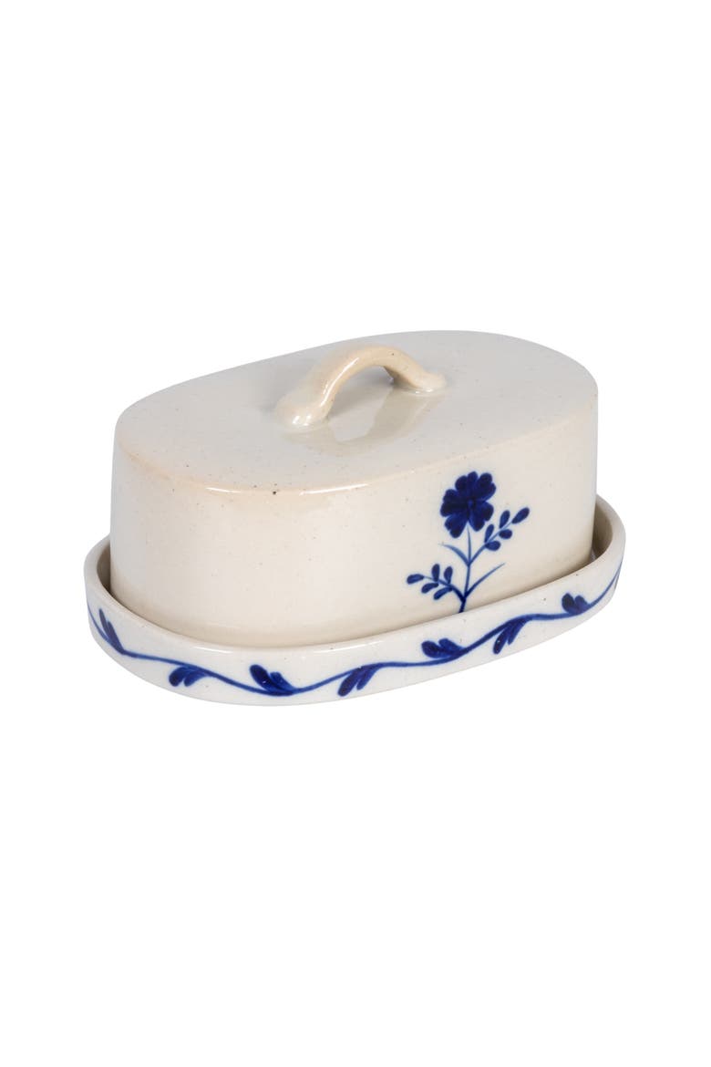 Hand-Painted Stoneware Butter Dish with Flower, Blue and White, Main, color, Blue