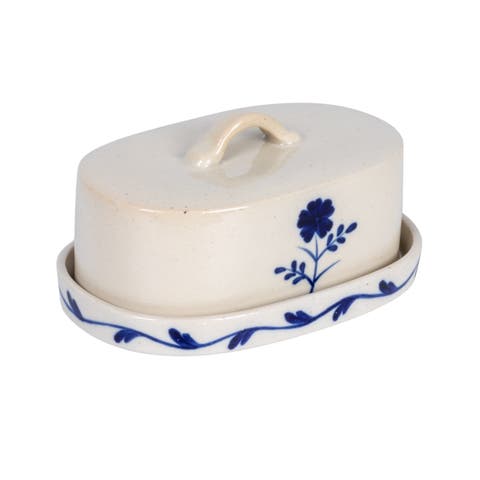 Hand-Painted Stoneware Butter Dish with Flower, Blue and White