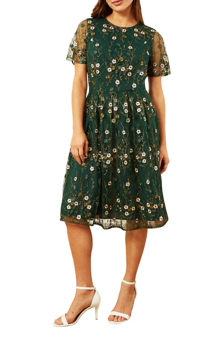 Yumi Embroidered Floral Skater Dress, Alternate, color, Green