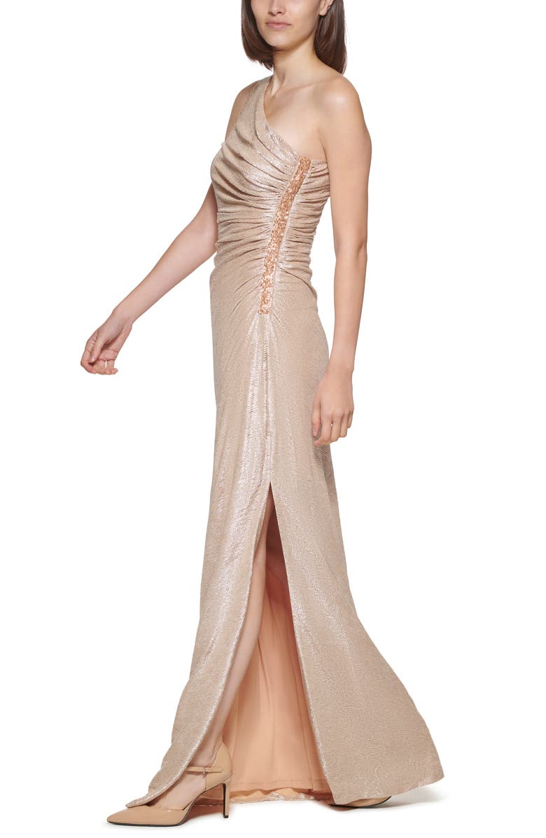 Calvin Klein Metallic One Shoulder Gown, Alternate, color, 