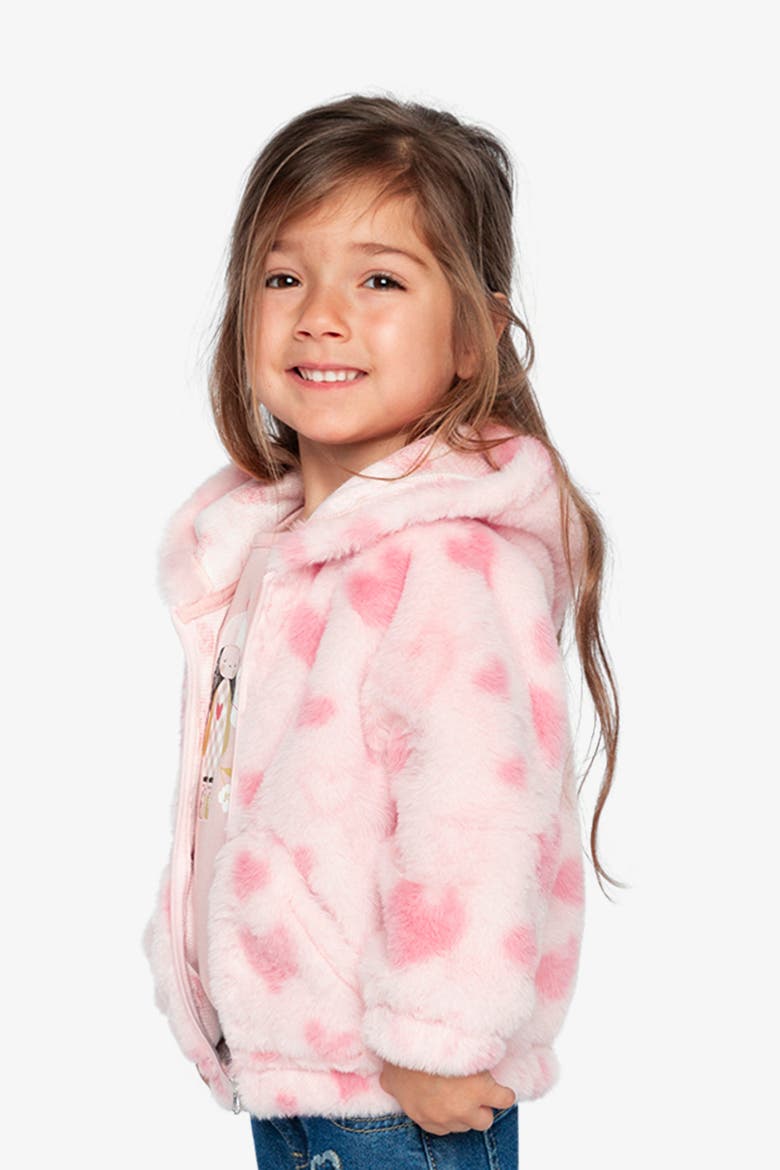 Hooded Full Zip Heart Jacquard Kangaroo Pocket Faux Fur Jacket, Alternate, color, Pink Printed with Hearts