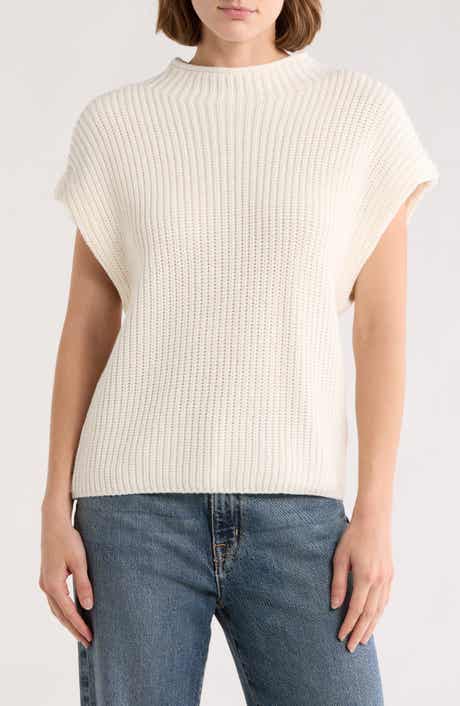 Leith Mock Neck Cap Sleeve Cotton Blend Sweater