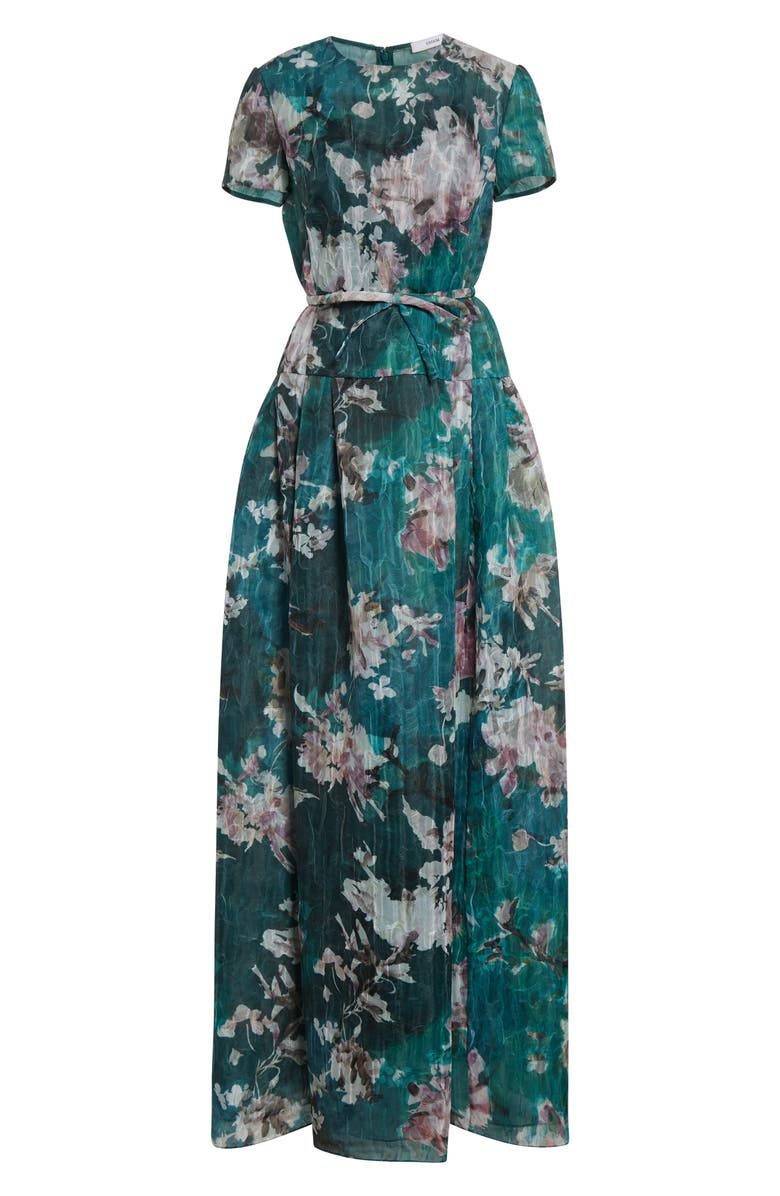 Erdem Painted Floral Crushed Organza Drop Waist Gown, Alternate, color, Painted Bloom Hedgerow Green