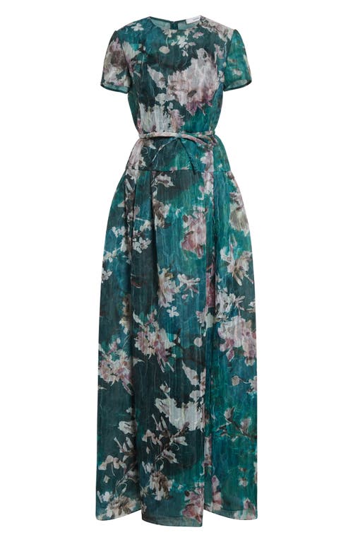 Erdem Painted Floral Crushed Organza Drop Waist Gown In Green