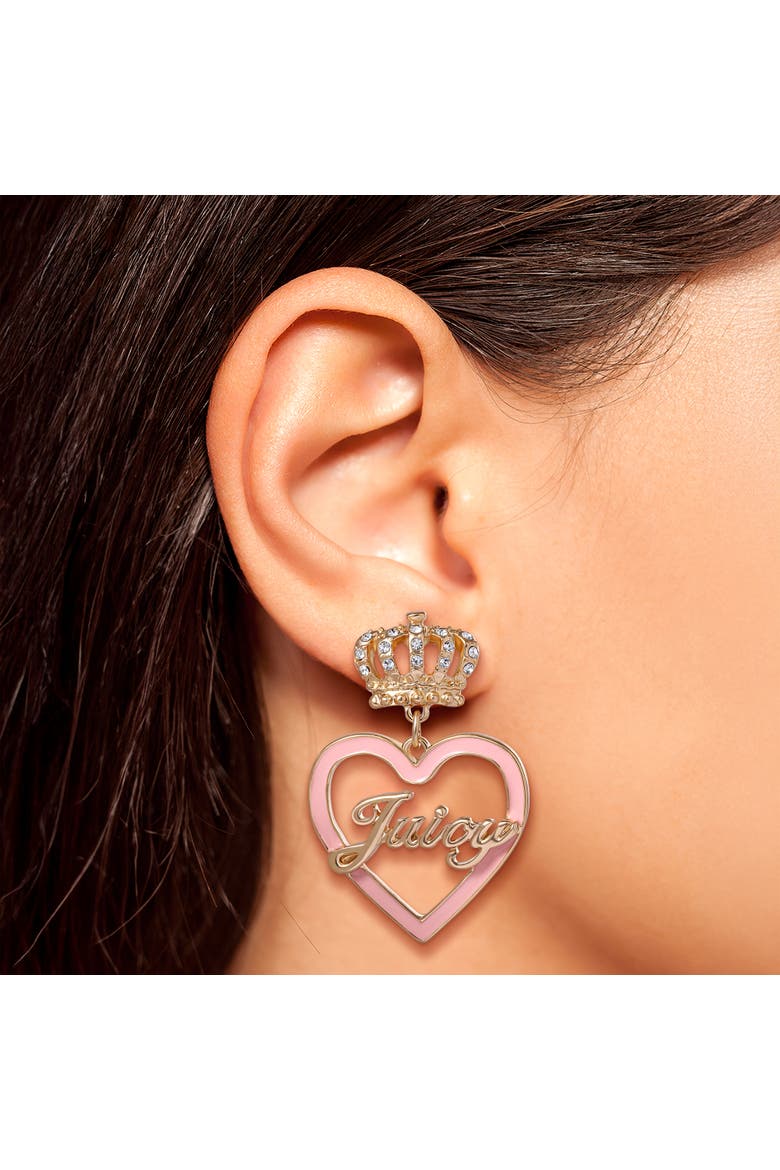 "Juicy" Gold-Tone Crown & Pink Heart Drop Earrings, Alternate, color, pink, gold