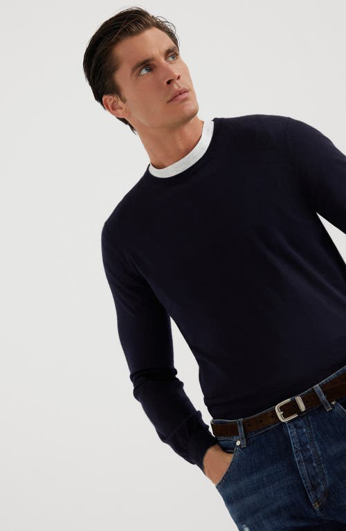 Brunello Cucinelli Wool Cashmere Crewneck Sweater In Navy Blue