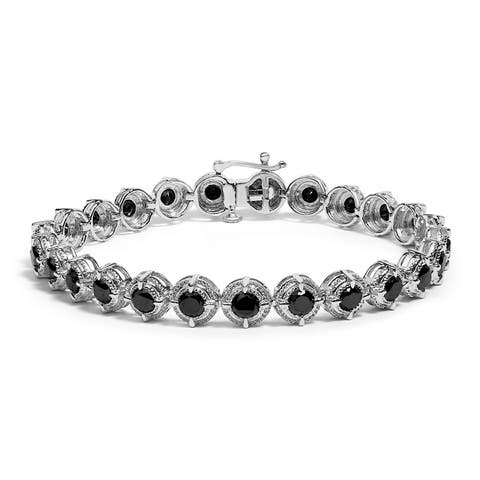 Silver 5.0 Cttw Black Diamond 4 Prong Milgrain Link Tennis Bracelet