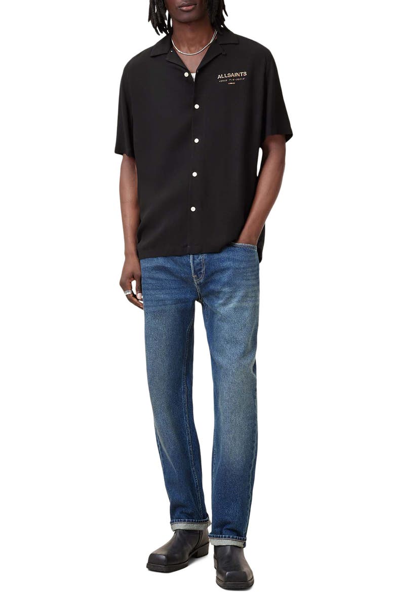 AllSaints Underground Bowa Logo Short Sleeve Button-Up Shirt, Alternate, color, 