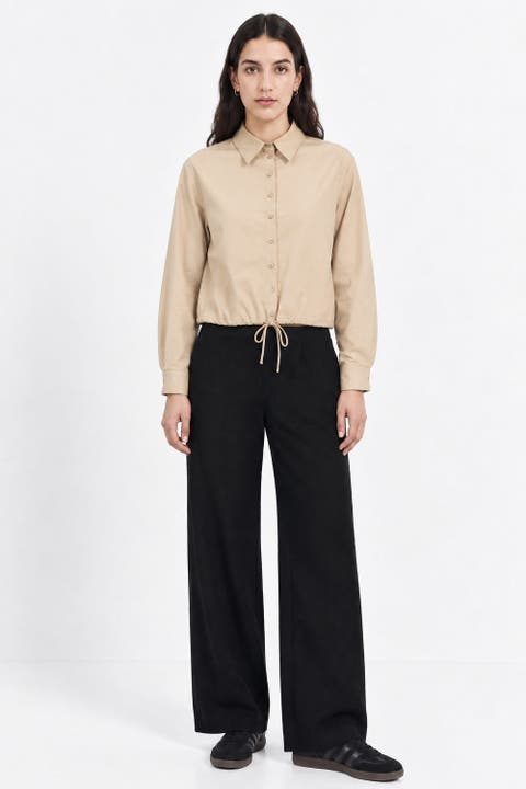 Long Sleeve Button Up Shirt With Elastic Waist