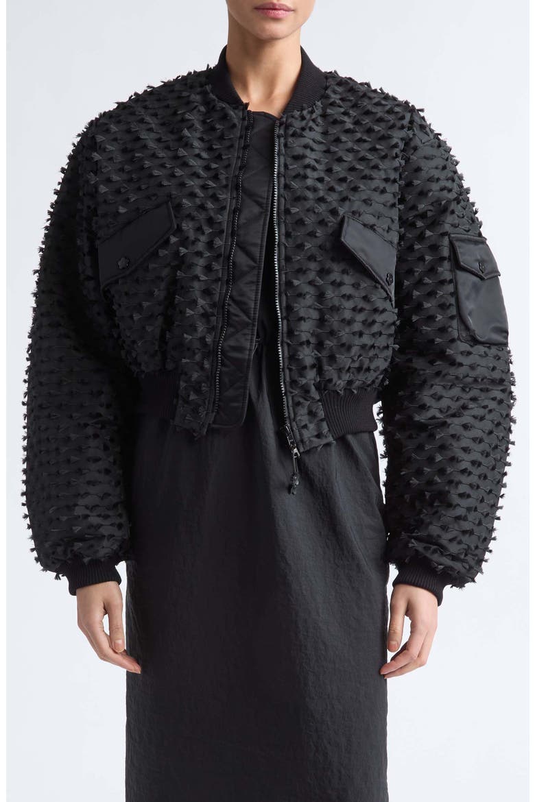 Callie Embroidered Crop Bomber Jacket, Main, color, BLACK