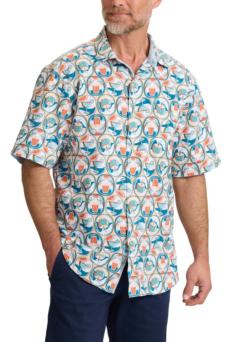 Nova Wave Glass Half Full Short Sleeve Seersucker Button-Up Shirt, Main, color, WHITE PEACH