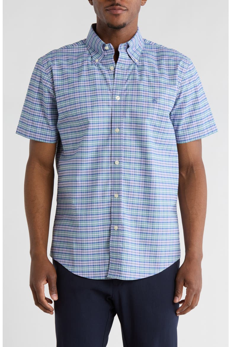 Regular Fit Non-Iron Stretch Oxford Short Sleeve Button-Down Shirt, Main, color, LAVENDER ARCTIC PLAID