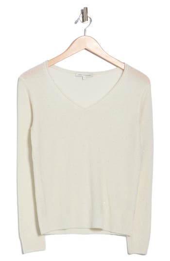 Sofia Cashmere Sequin V-neck Wool Cashmere Blend Sweater In White