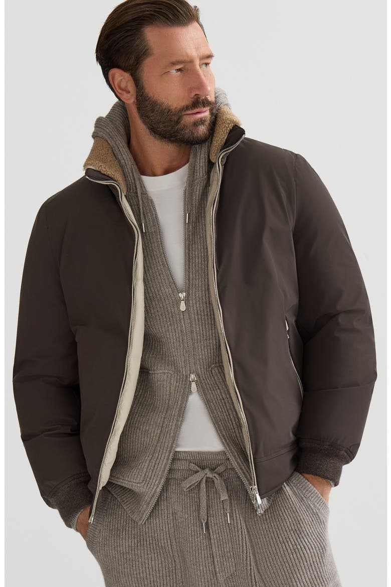 Stretch bonded nylon down jacket with detachable hood, Alternate, color, Brown