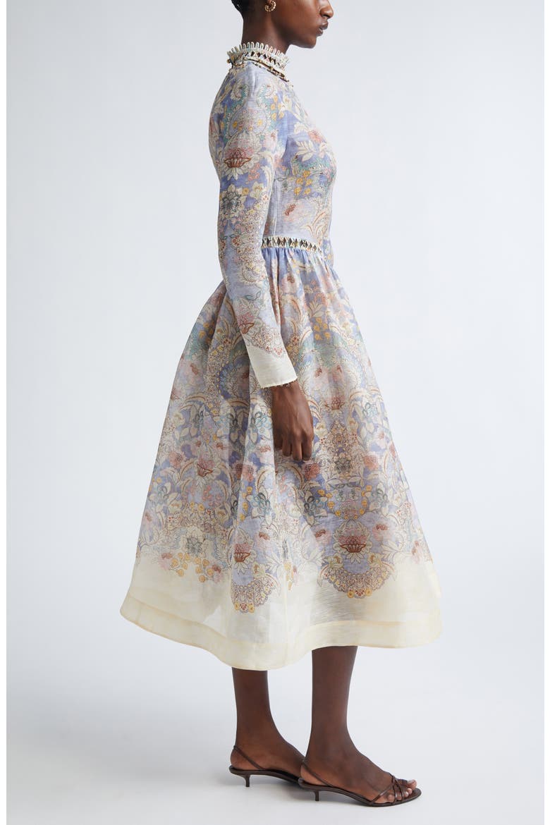 Rebellion Long Sleeve Beaded Linen & Silk Midi Dress, Alternate, color, BLUE FLORAL