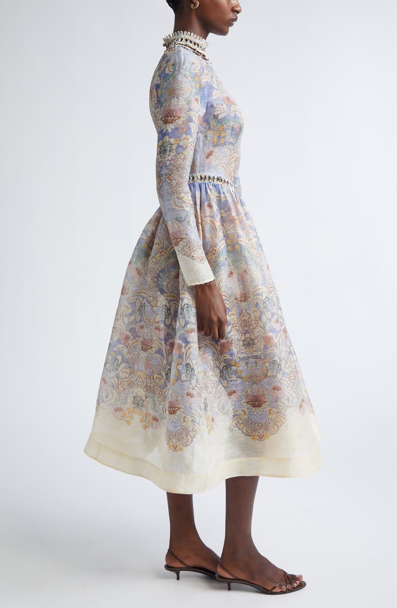 Zimmermann Rebellion Long Sleeve Beaded Linen & Silk Midi Dress, Alternate, color, Blue Floral