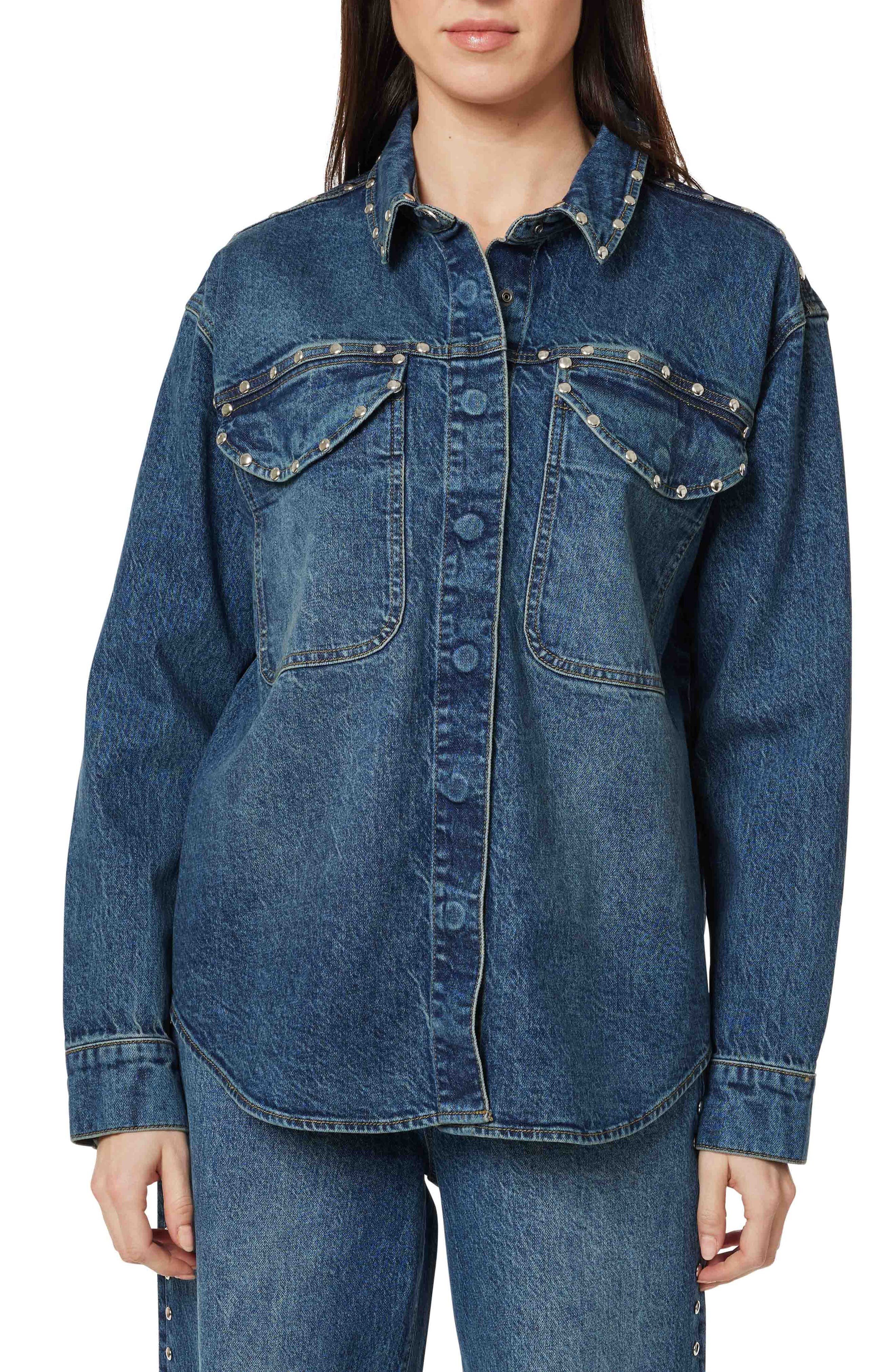 Habitual Stud Detail Denim Shirt Jacket in Lake 