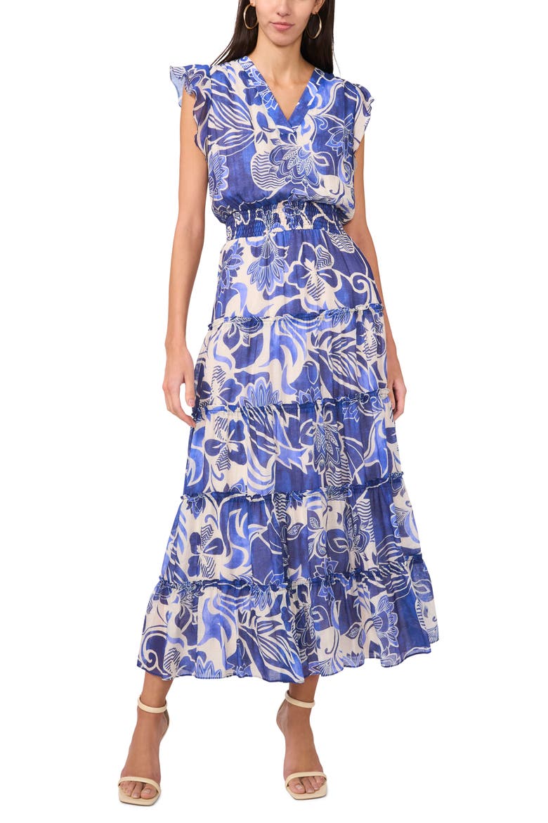 Ruffle Sleeve Smocked Waist Tiered Maxi Dress, Main, color, AMPARO BLUE