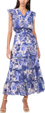 Halogen® Ruffle Sleeve Smocked Waist Tiered Maxi Dress