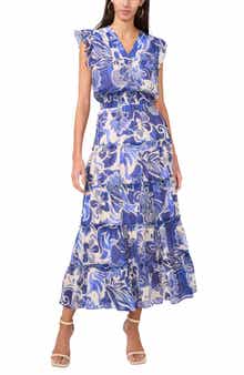 Halogen® Ruffle Sleeve Smocked Waist Tiered Maxi Dress