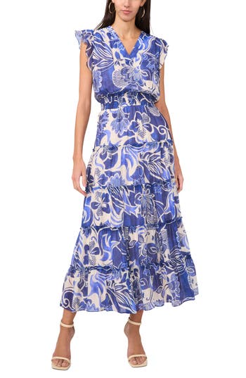 Halogen ® Ruffle Sleeve Smocked Waist Tiered Maxi Dress In Blue