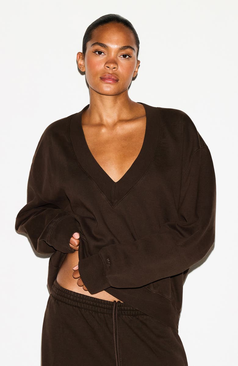 SKIMS V-Neck Fleece Pullover, Alternate, color, Espresso