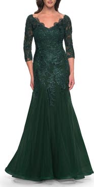 La Femme Mermaid Tulle and Lace Dress with Scallop Detailed Neckline