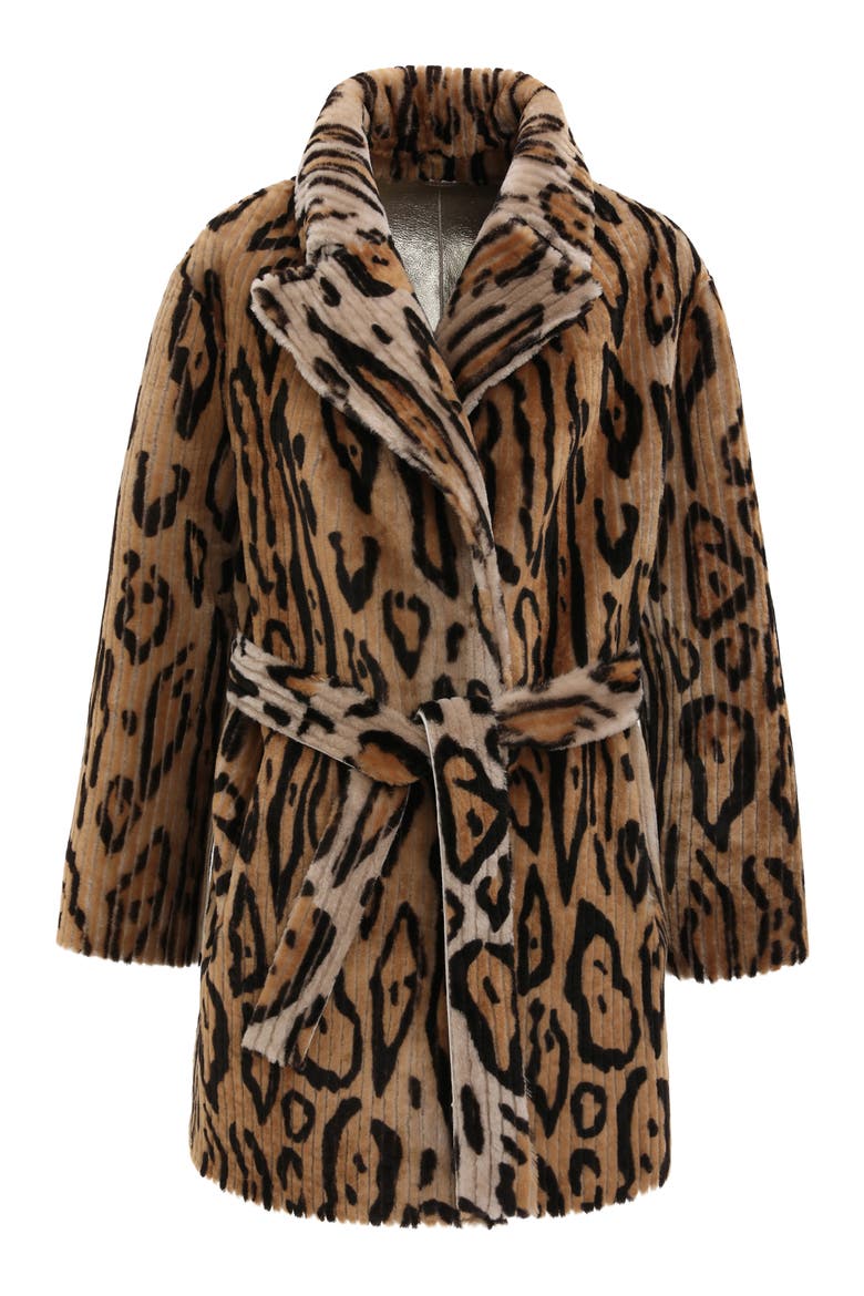 Reversible Select Grooved Genuine Shearling Coat, Belt, Alternate, color, Ocelo Print/Gold